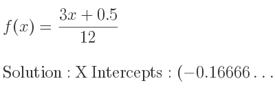 The f(x)=(3x+0.5)/(12) is X Intercepts: (-0.16666…,0),Y Intercepts: (0,(0.5)/(12))